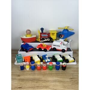 Vintage FISHER PRICE Little People Vehicle And Figures Lot Of 21 Pieces